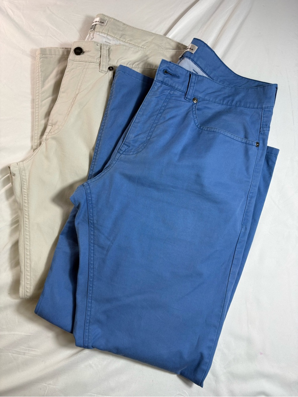 Lot of 2 Peter Millar Pima cotton spandex pants blue & stone sz 34 men see photo
